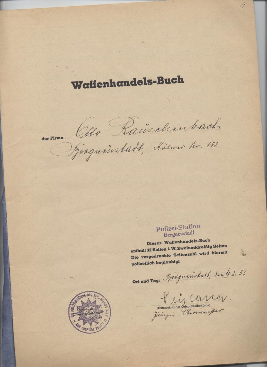 Waffenhandelsgenehmigung von 1953  auf Otto Rauschenbach jr.