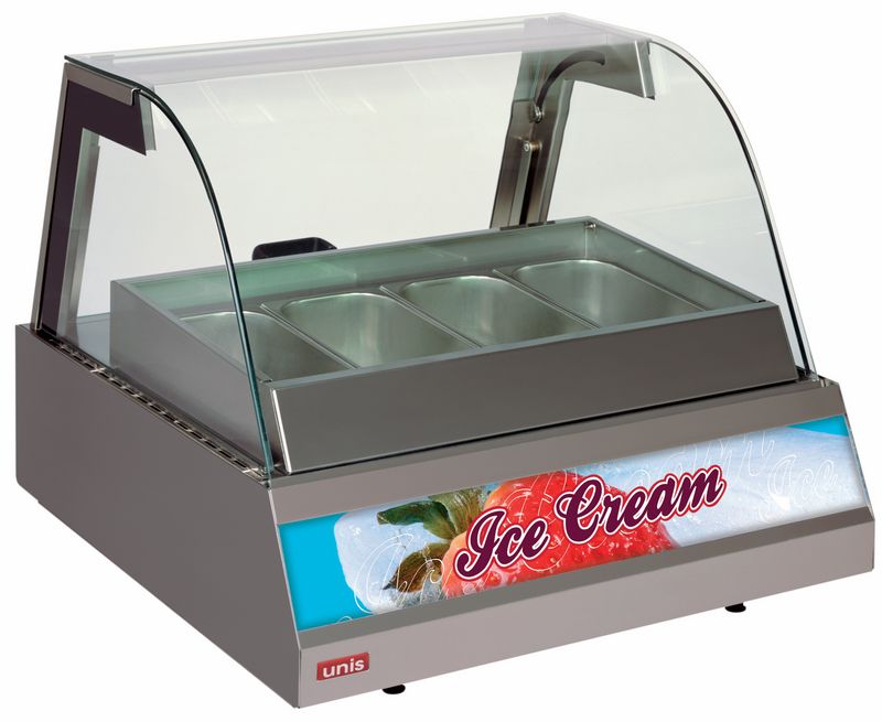 Eisaufsatzvitrine Kentucky  Kleine Eisstation  Tischeisvitrine 4 x 5 ltr Eis Behälter inklusive , Tisch-Aufsatzgerät 230 V 330 W -10 bis -18 C LxBxH  750x 775 x 550 mm hoch   weiß  75 kg Innen und aussen aus Edelstahl mit Digitalregler , Hinten Schiebescheiben  netto € 2.690,--   + mwst 2015